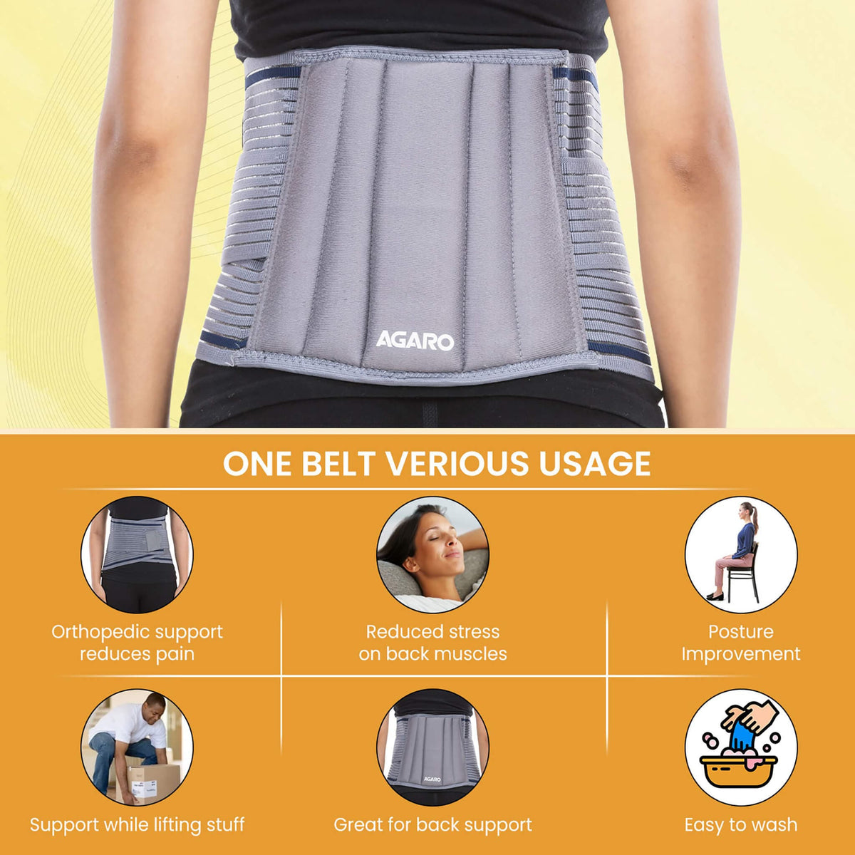 AGARO Lumbo Sacral Belt With Double Strapping, Back Support For the Lumbar Spine, Pain Relief, Back Brace for Men and Wo