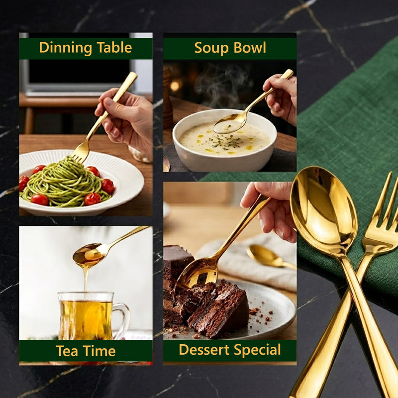 AGARO Regal 24 Pieces Gold Stainless Steel Cutlery Set for Dining Table, Premium Mirror Finish, 6 Tea Spoons, 6 Dinner Spoons, 6 Dinner Forks & 6 Dessert Spoons, Food Grade, Rust Resistant-6