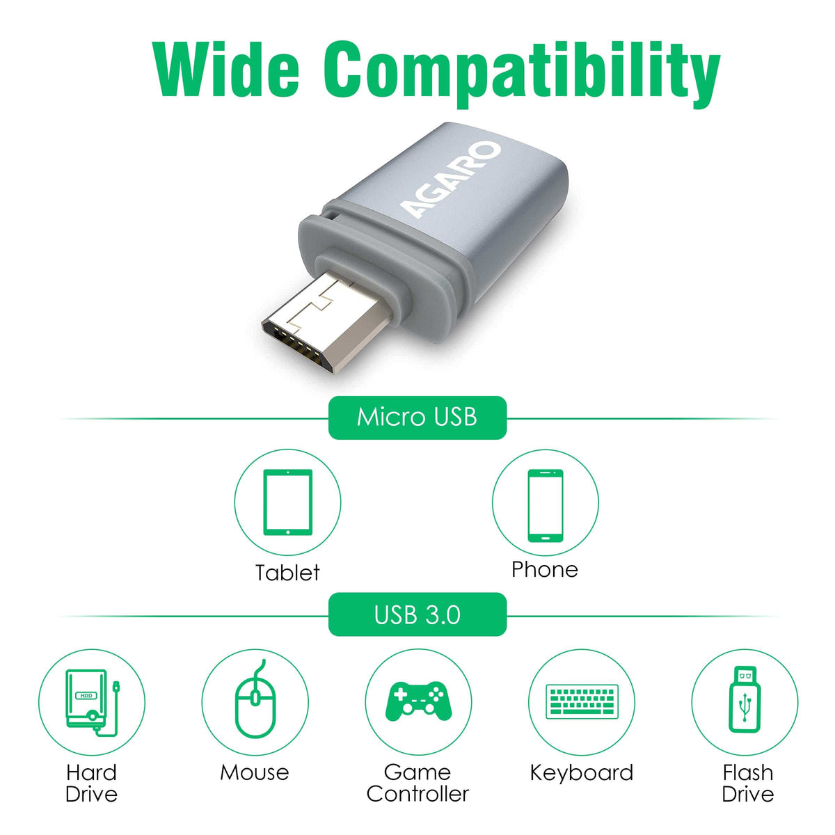 AGARO Micro USB to USB A Female OTG Adapter- (Metallic Grey)