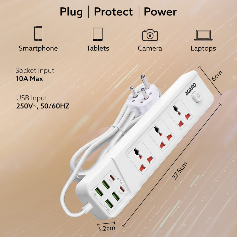 AGARO Regal Extension Board 3 Universal Sockets, 4 USB + 2 Type-C Fast Charging, 2500W-7
