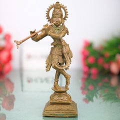 Bronze Shri Krishna Idol, Venugopala Govinda Gopala Madhava Murari Panchaloha Style Handmade South Indian Chola Art Murti for Home Temple Pooja Decor, Brown, 8 Inch, 1 Piece