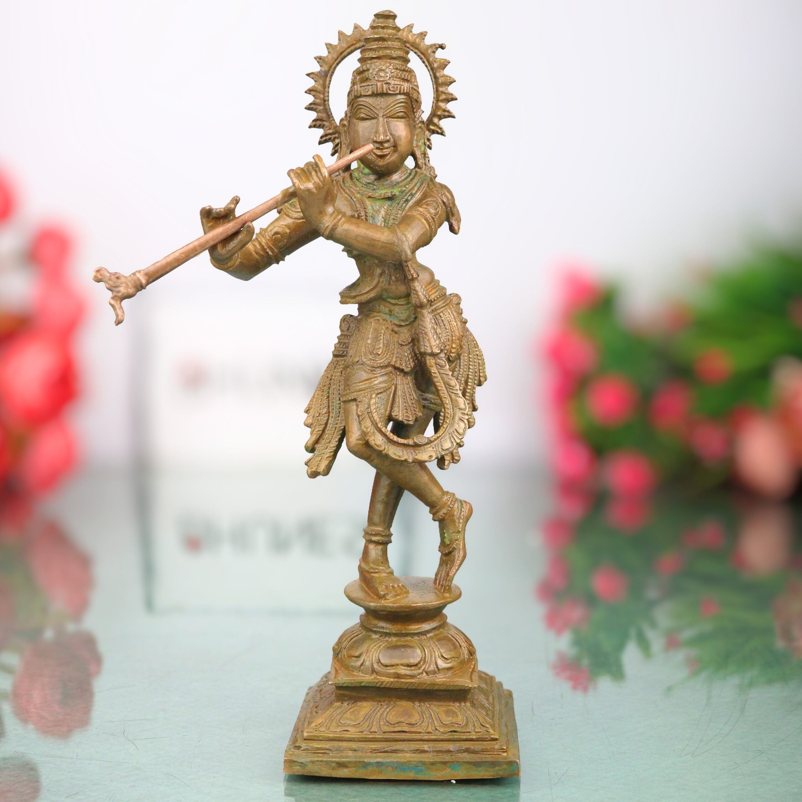 Bronze Shri Krishna Idol, Venugopala Govinda Gopala Madhava Murari Panchaloha Style Handmade South Indian Chola Art Murti for Home Temple Pooja Decor, Brown, 8 Inch, 1 Piece