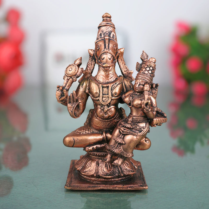 Copper Hayagriva Lakshmi Idol, Sri Lakshmi Hayagreeva Swamy Tamra Murti, Hayagriva Mahalakshmi Vigraha, Lakshmi Hayagriva Perumal Statue for Pooja Mandir Decor, Brown, 4.5 Inch, 1 Piece