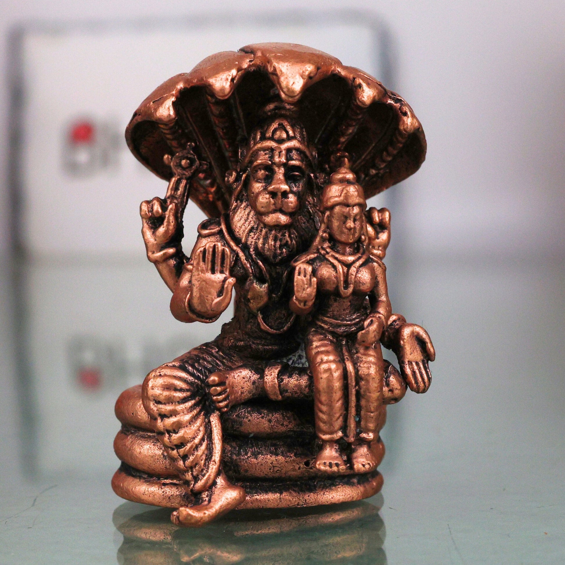 Copper Lakshmi Narasimha Idol, Sri Narasimhaswamy Tamra Murti Vigraha for Pooja & Home Decor, Brown, 2 Inch, 1 Piece