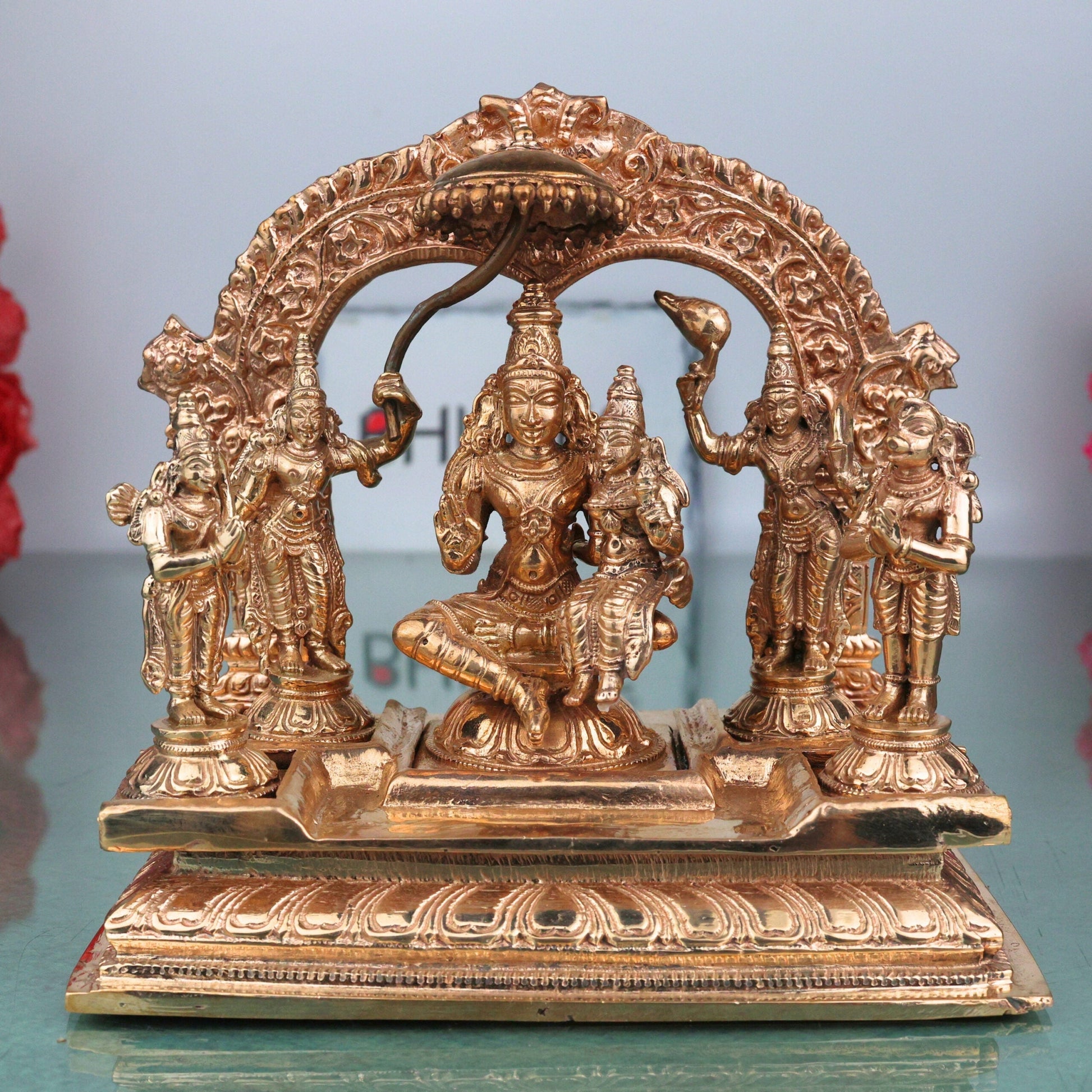 Bronze Vishnu Darbar Idol, Lakshmi Narayana Sriman Narayana Maha Vishnu Parivar Panchaloha Style Kansa Temple Sculpture for Home Mandir & Pooja, Gold, 6.5 Inch, 1 Piece