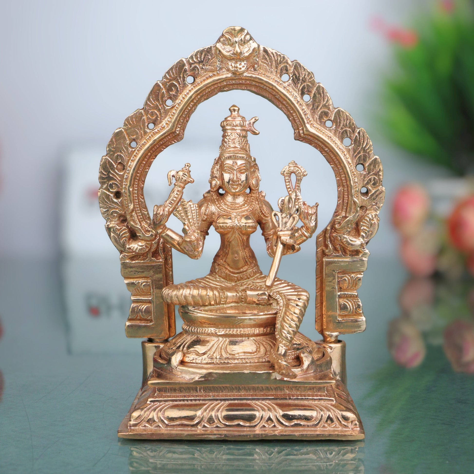 Bronze Sri Raja Rajeshwari Devi Idol, Lalita Tripurasundari Panchaloha Vigraham, Handcrafted Chola Art Shakti Murti for Pooja & Temple Worship, Gold, 5 Inch, 1 Piece