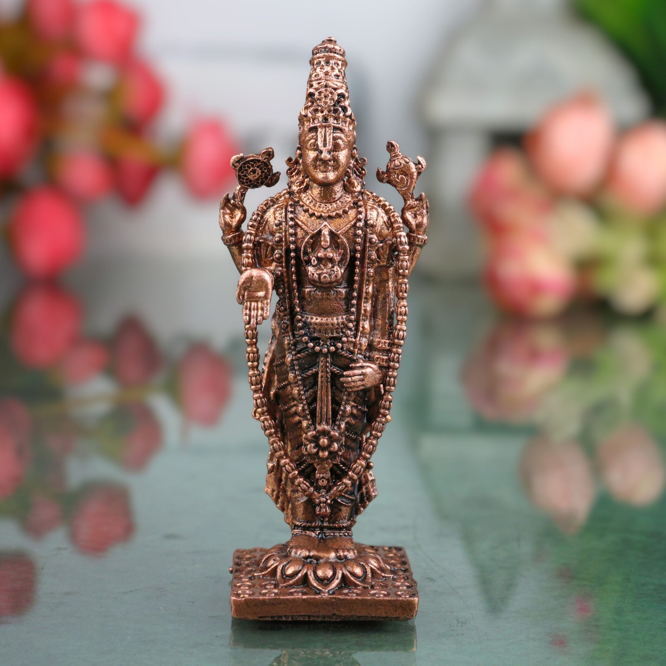 Copper Venkateshwara Balaji Idol, Srinivasa Govinda Perumal Vigraham,Tamra Murti for Home Puja & Spiritual Decor, Brown, 3 Inch, 1 Piece
