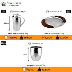 Stainless Steel Hammered Jug & Glasses Set Lemon