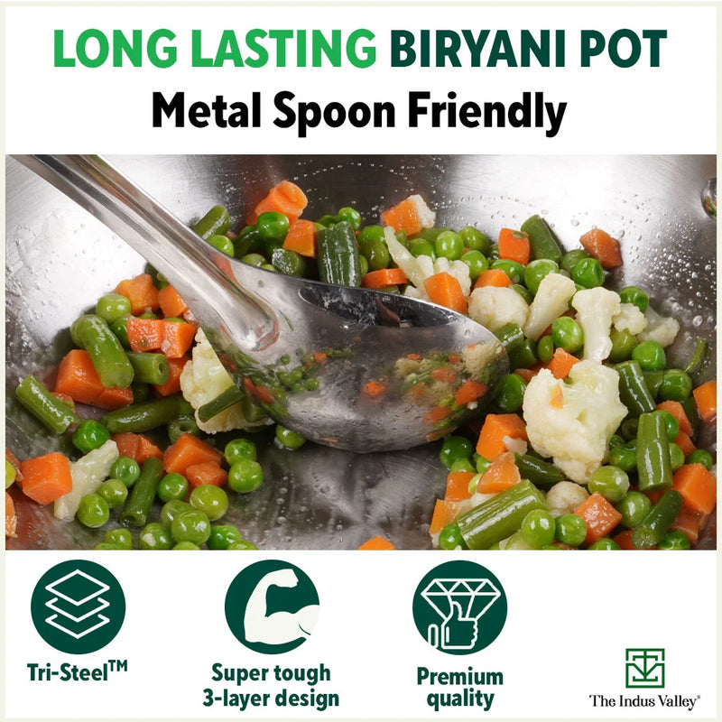 TurboCuk Tri-ply Stainless Steel Biryani Cooking Pot/Casserole, Premium Quality, 3 Layer Thick Body, Cool Silicone Handles, 100% Toxin-free, Non-stick, Induction & Gas, Free ₹110 Spatula, 2.9L