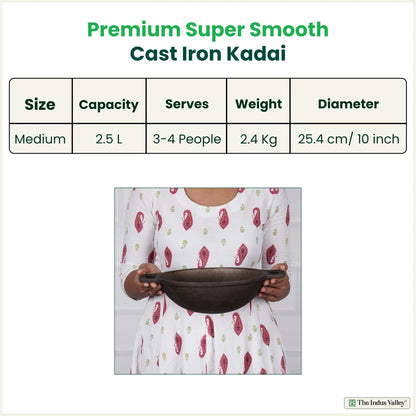 Super Smooth Cast Iron Kadai,Pre-seasoned, Nonstick, 100% Pure, Toxin-free, Free ₹110 Spatula, 25.4cm, 2.5L, 2.4kg