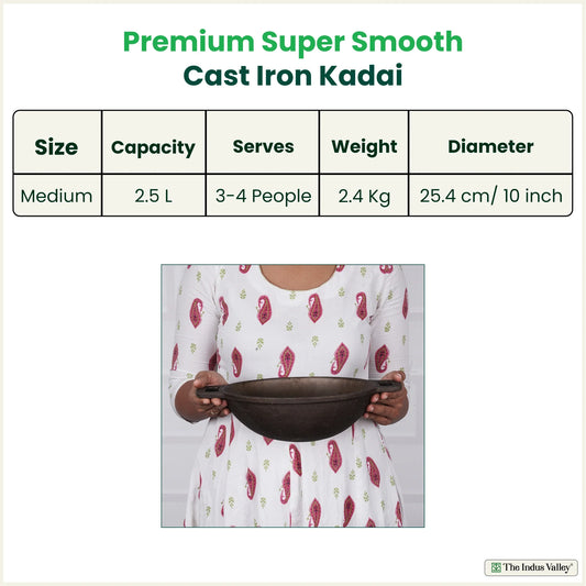 Super Smooth Cast Iron Kadai,Pre-seasoned, Nonstick, 100% Pure, Toxin-free, Free ₹110 Spatula, 25.4cm, 2.5L, 2.4kg