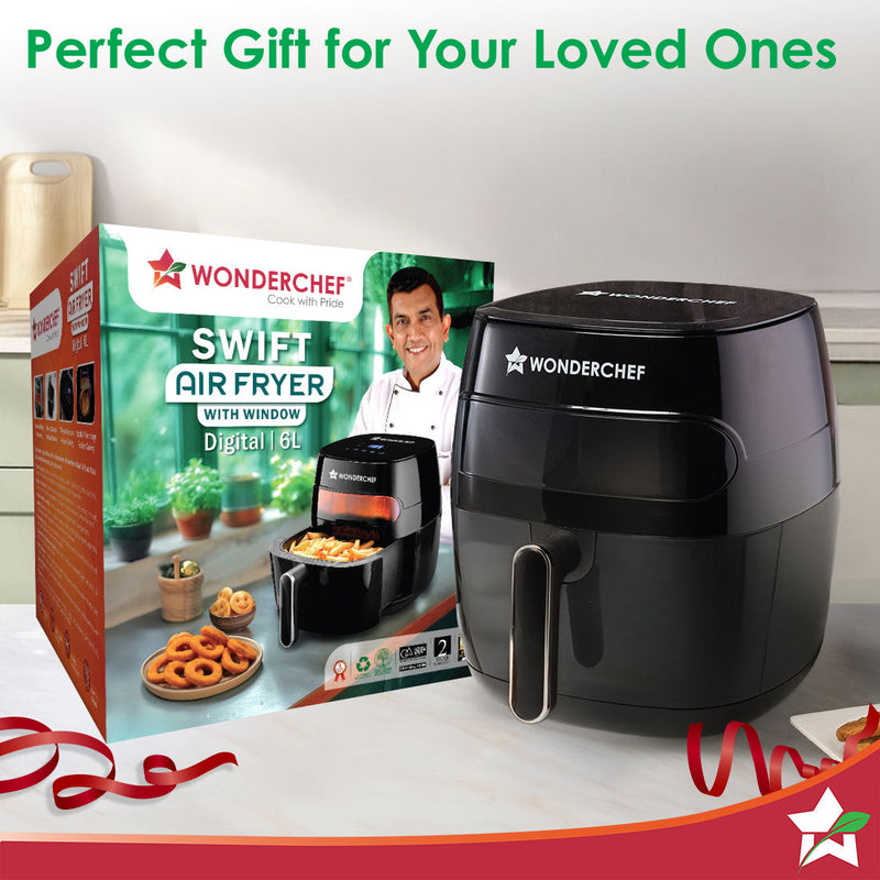 Swift Digital Air Fryer with Window | 1350W, 6 Litres | Rapid Air Technology | 7 Pre-set Functions | Non-stick Basket | Auto Shut-off | Touch Screen | Fry, Bake, Grill, Roast | 2-Year Warranty | Black