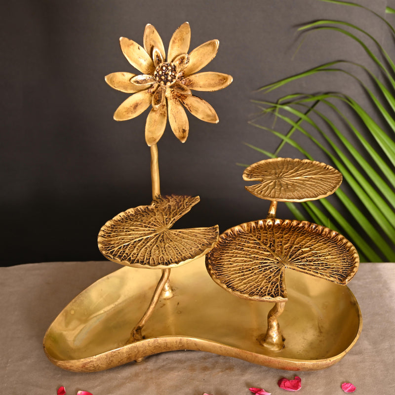 Brass Decorative Tray With Lotus Leaves (15.5 Inch)