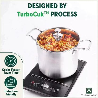 TurboCuk Tri-ply Stainless Steel Tall Biryani Pot/Casserole+ Glass Lid, Premium Quality, 3 Layer Thick Body, 100% Toxin-free, Non-stick, Induction & Gas, 6L
