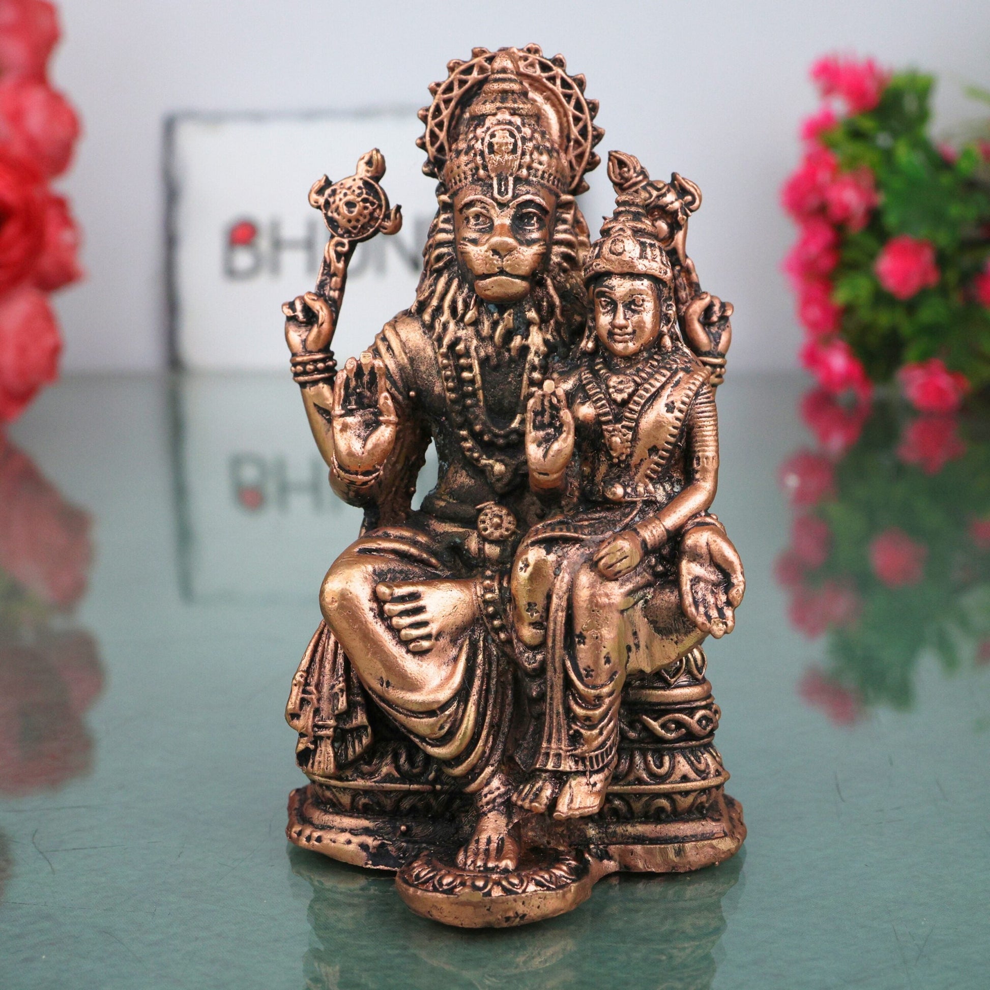 Copper Lakshmi Narasimha Idol, Tamra Lakshmi Narasimha Swamy Murti Vigraha, Sri Lakshmi Narasimhar Statue for Pooja, Home Temple & Spiritual Decor, Brown, 4 Inch, 1 Piece