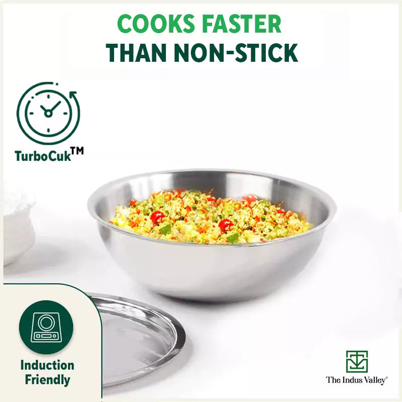 TurboCuk Tri-ply Stainless Steel Tasla/Tasra/ Patila+ Steel Lid, Cook & Serve, Premium Quality, 3 Layer Thick Body, 100% Toxin-free, Non-stick, Induction & Gas, 1.6/1.7/3.2L