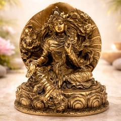 Brass Tibetan Tara Maa Idol | Green & White Tara Murti, Tibetan Goddess Tara Statue for Pooja, Home Decor, Meditation & Spiritual Gifts,Gold, 6.5 Inch, 1 Piece