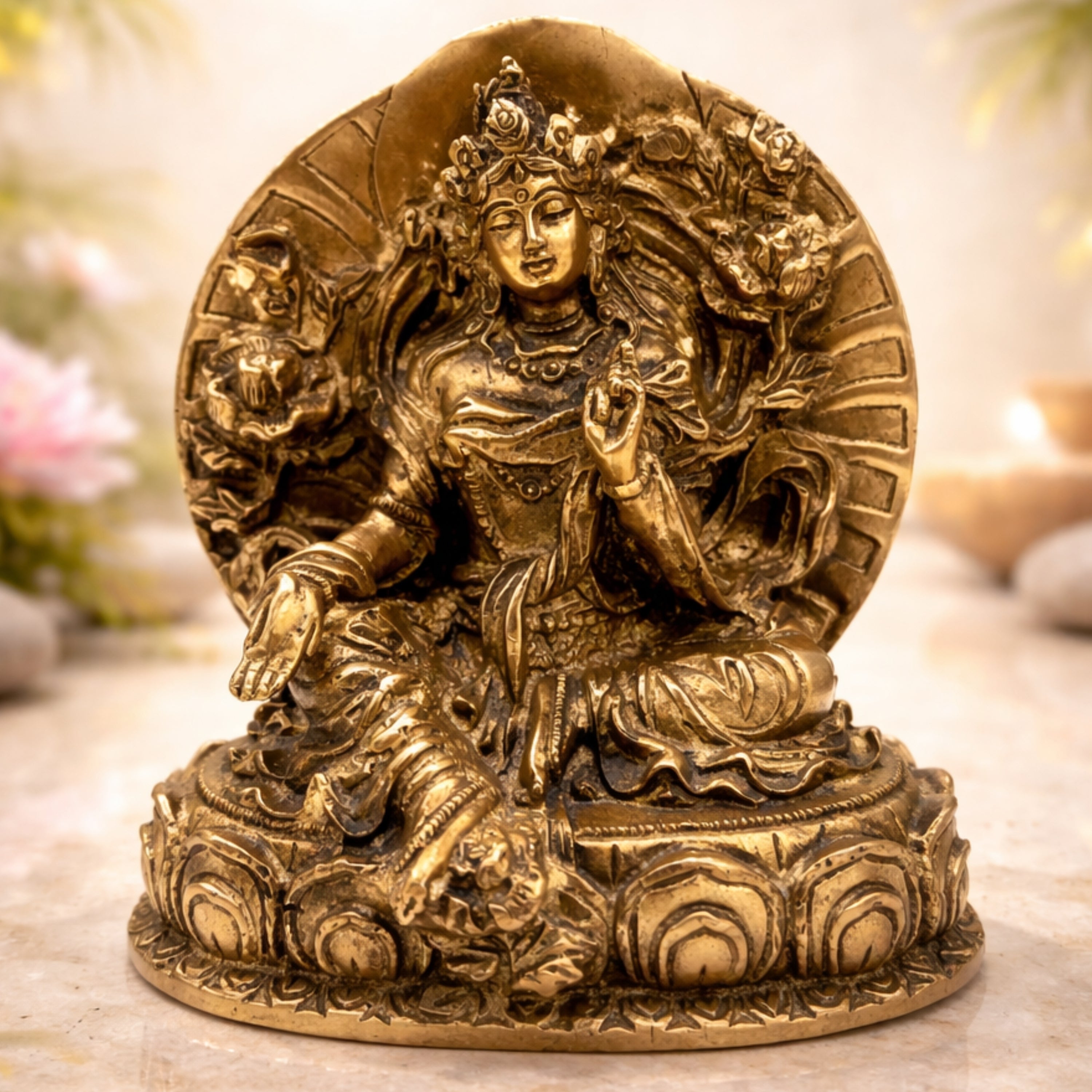 Brass Tibetan Tara Maa Idol | Green & White Tara Murti, Tibetan Goddess Tara Statue for Pooja, Home Decor, Meditation & Spiritual Gifts,Gold, 6.5 Inch, 1 Piece