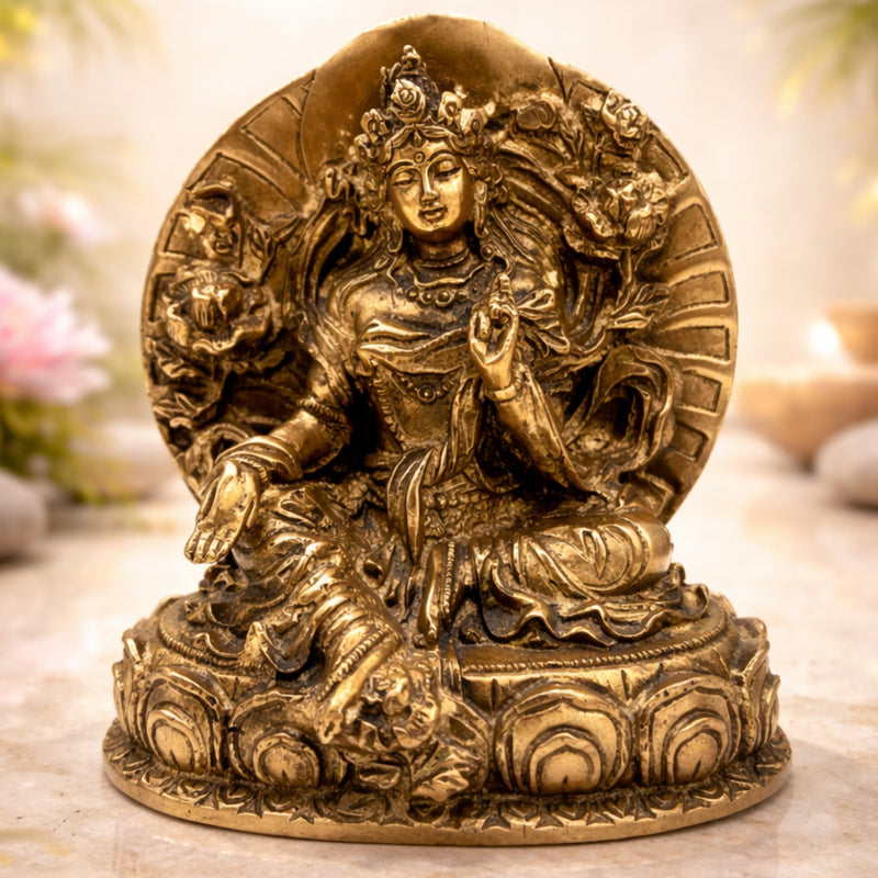 Brass Tibetan Tara Maa Idol | Green & White Tara Murti, Tibetan Goddess Tara Statue for Pooja, Home Decor, Meditation & Spiritual Gifts,Gold, 6.5 Inch, 1 Piece