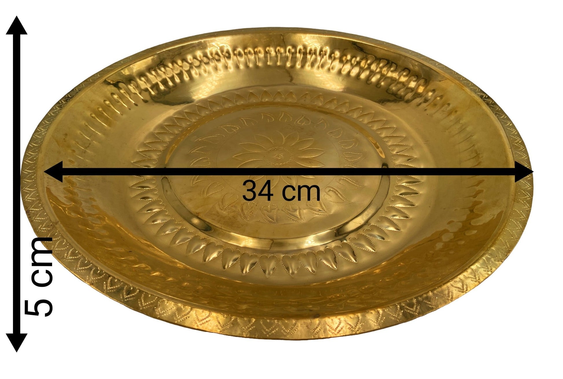 Brass Pooja Thali, Handcrafted Peetal Pittal Puja Plate, Temple Aarti Thambalam, Antique Pital Hittale Pooja Plate, Gold, 13.39 Inch, 1 Piece