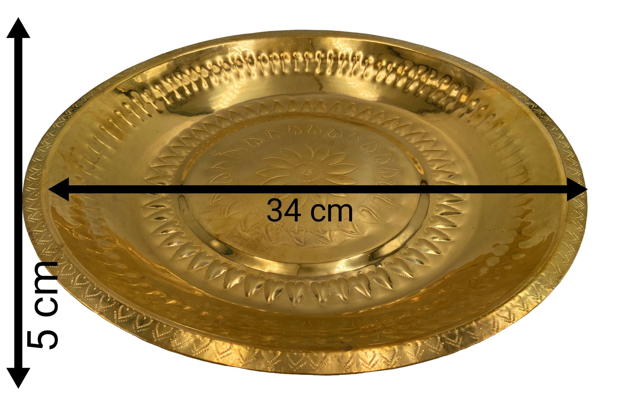 Brass Pooja Thali, Handcrafted Peetal Pittal Puja Plate, Temple Aarti Thambalam, Antique Pital Hittale Pooja Plate, Gold, 13.39 Inch, 1 Piece