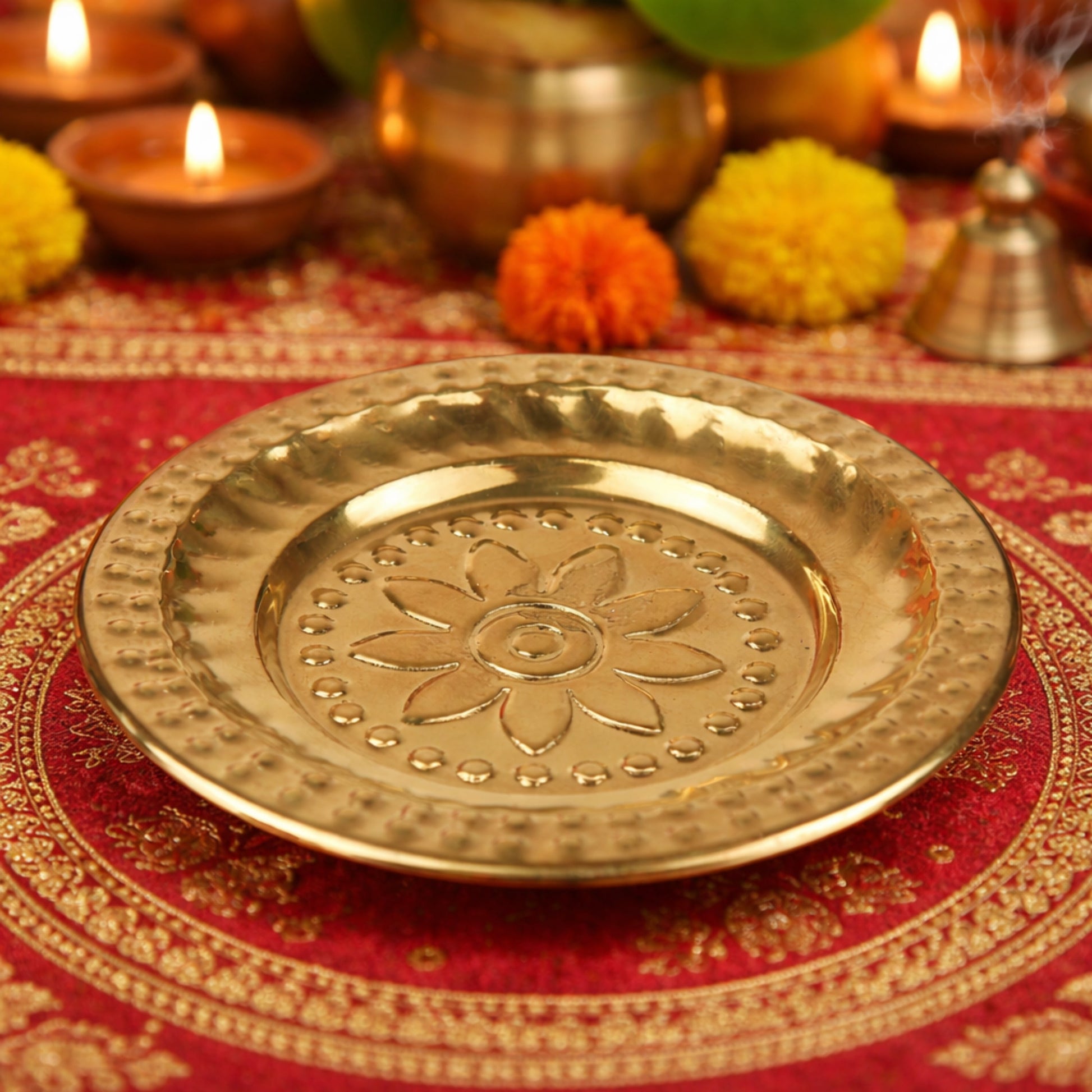 Handcrafted Brass Pooja Thali, Peetal Aarti Plate, Traditional Hindu Puja Thambalam, Pittal Pooja Plate for Daily Worship & Temple Rituals, Gold, 0.5 Inch, 1 Piece