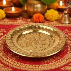 Handcrafted Brass Pooja Thali, Peetal Aarti Plate, Traditional Hindu Puja Thambalam, Pittal Pooja Plate for Daily Worship & Temple Rituals, Gold, 0.5 Inch, 1 Piece
