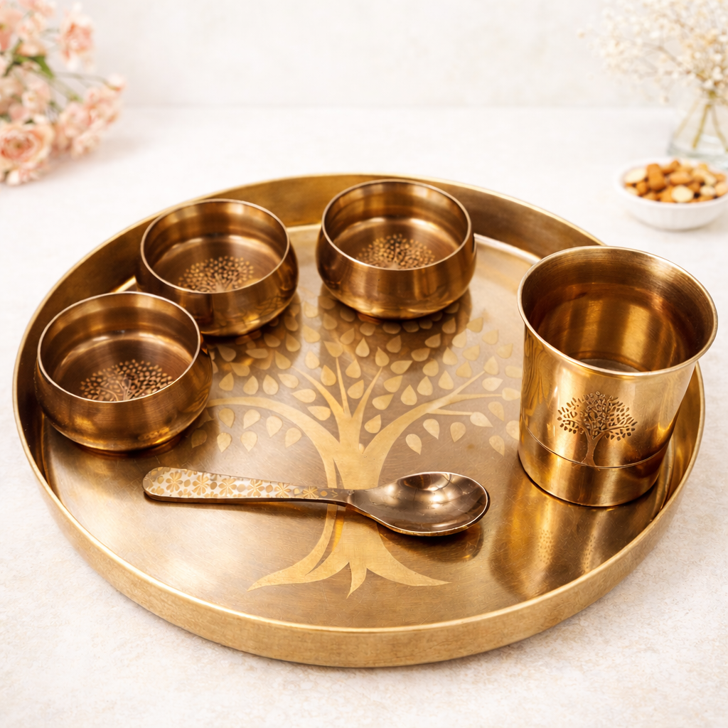 Bronze Kansa Dinner Set, Handcrafted Panchaloha Bhojan Thali, Traditional Kansya Pittalai Velliyam Ayurvedic Dining Ware Set, Gold, 11.81, 6 Pieces Dinner Set