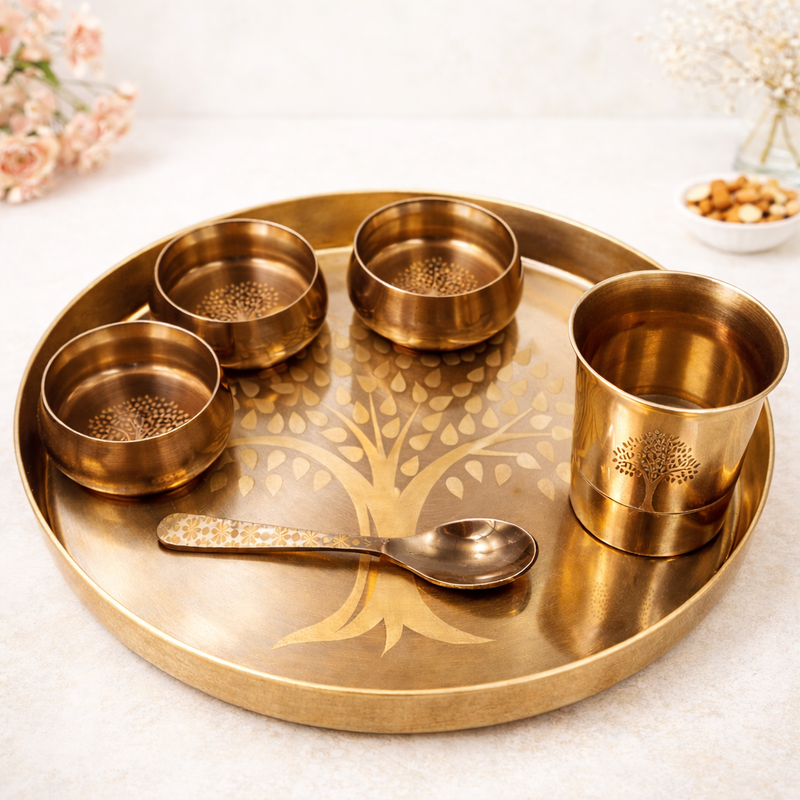 Bronze Kansa Dinner Set, Handcrafted Panchaloha Bhojan Thali, Traditional Kansya Pittalai Velliyam Ayurvedic Dining Ware Set, Gold, 11.81, 6 Pieces Dinner Set