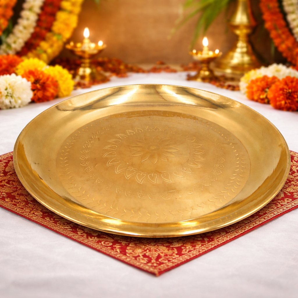 Handcrafted Brass Pooja Thali, Traditional Peetal Aarti Plate, Temple Pittal Puja Thambalam, Hitale Pitala Worship Thali, Gold, 13.39 Inch, 1 Piece