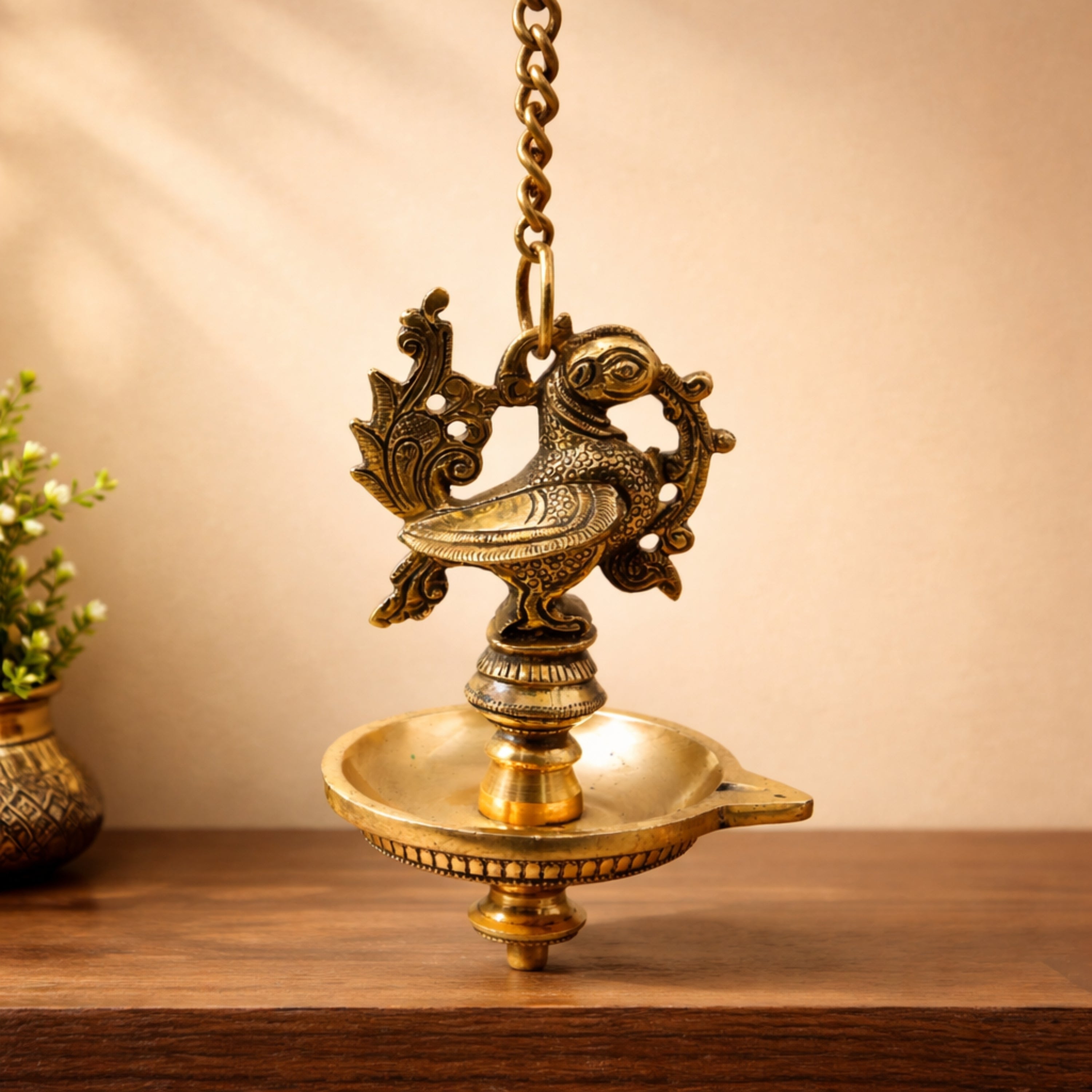 Brass Hanging Lamp for Pooja, Traditional Thooku Vilakku Hanging Deepam, Kerala Nilavilakku Style, Peetal Pital Pittal Oil Lamp for Home Mandir Decor, Gold, 20.5 Inch (Including Chain), 1 Piece