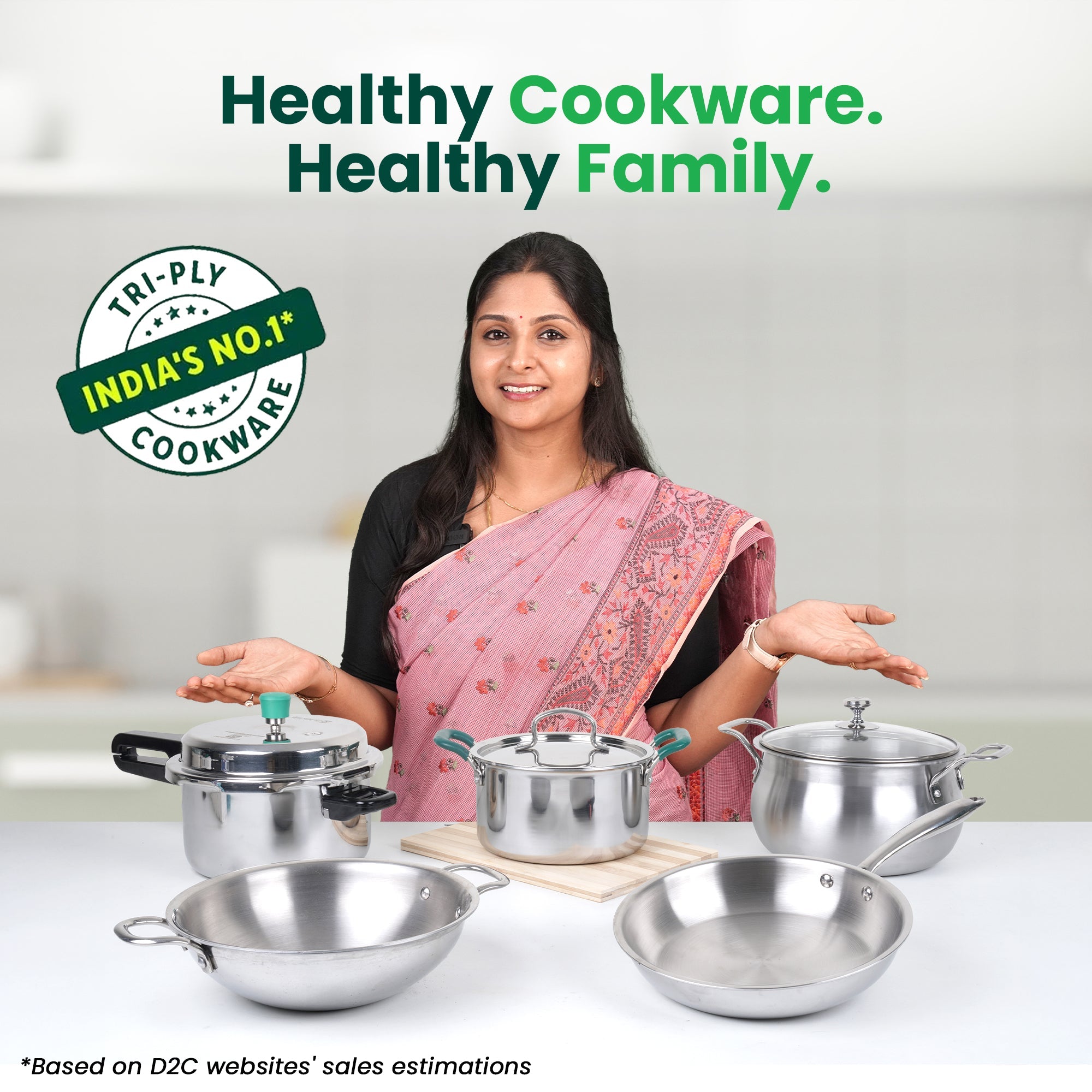 TurboCuk Tri-ply Stainless Steel Cookware Set: Kadai+ Frypan+ Tea/Milk pan, Premium Quality, 3 Layer Thick Body, 100% Toxin-free, Non-stick, Induction & Gas