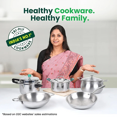 TurboCuk Tri-ply Stainless Steel Kadai+ Steel Lid, Premium Quality, 3 Layer Thick Body, 100% Toxin-free, Non-stick, Induction & Gas, 18 cm