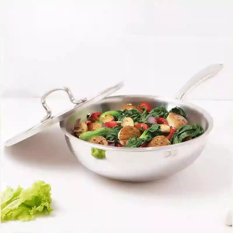 TurboCuk Tri-ply Stainless Steel Wok/Fry Pan+ Steel Lid, Premium Quality, 3 Layer Thick Body, 100% Toxin-free, Non-stick, Induction & Gas, 1.8/2.3L, 1/1.6kg
