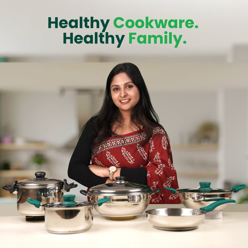 Tri-Steel Stainless Steel Cookware Set: Kadai with Lid+ Frypan, Premium Quality, Tri-ply (3 Layer) Bottom, Soft-touch Handles, 100% Toxin-free, Non-stick, Induction & Gas
