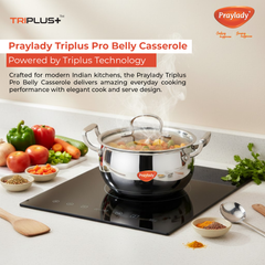 Praylady Triplus+ Pro Triply Belly Handi with Lid | Tri-Ply Stainless Steel Cook & Serve Casserole for Biryani, Rice & Curries | Induction & Gas Compatible | Even Heat Distribution | Sizes 16 cm, 18 cm, 20 cm