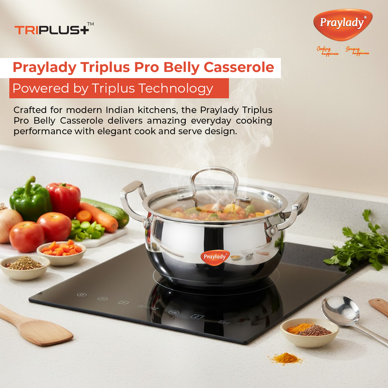 Praylady Triplus+ Pro Triply Belly Handi with Lid | Tri-Ply Stainless Steel Cook & Serve Casserole for Biryani, Rice & Curries | Induction & Gas Compatible | Even Heat Distribution | Sizes 16 cm, 18 cm, 20 cm