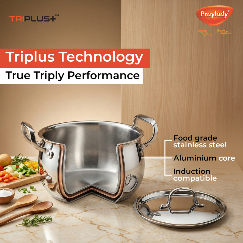 Praylady Triplus+ Pro Triply Belly Handi with Lid | Tri-Ply Stainless Steel Cook & Serve Casserole for Biryani, Rice & Curries | Induction & Gas Compatible | Even Heat Distribution | Sizes 16 cm, 18 cm, 20 cm