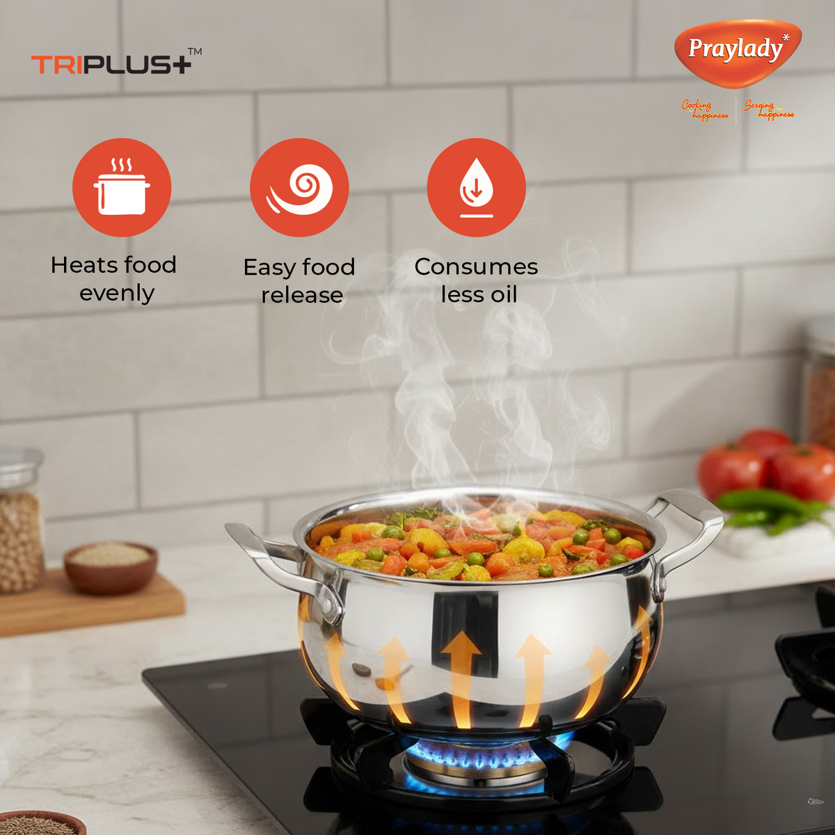 Praylady Triplus+ Pro Triply Belly Handi with Lid | Tri-Ply Stainless Steel Cook & Serve Casserole for Biryani, Rice & Curries | Induction & Gas Compatible | Even Heat Distribution | Sizes 16 cm, 18 cm, 20 cm