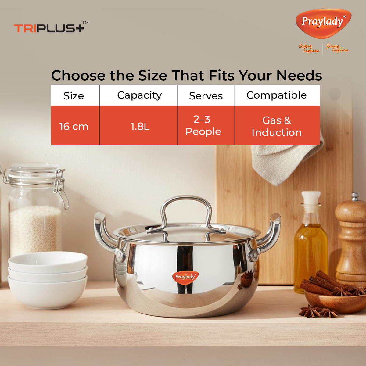 Praylady Triplus+ Pro Triply Belly Handi with Lid | Tri-Ply Stainless Steel Cook & Serve Casserole for Biryani, Rice & Curries | Induction & Gas Compatible | Even Heat Distribution | Sizes 16 cm, 18 cm, 20 cm