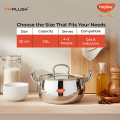 Praylady Triplus+ Pro Triply Belly Handi with Lid | Tri-Ply Stainless Steel Cook & Serve Casserole for Biryani, Rice & Curries | Induction & Gas Compatible | Even Heat Distribution | Sizes 16 cm, 18 cm, 20 cm