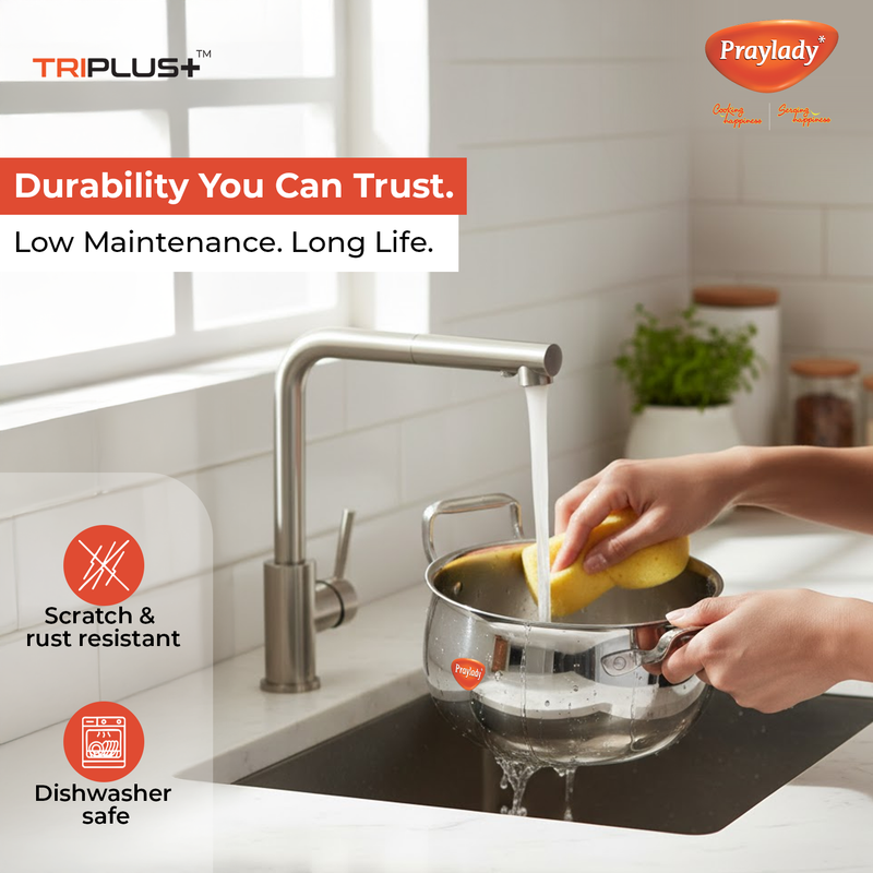 Praylady Triplus+ Pro Triply Belly Handi with Lid | Tri-Ply Stainless Steel Cook & Serve Casserole for Biryani, Rice & Curries | Induction & Gas Compatible | Even Heat Distribution | Sizes 16 cm, 18 cm, 20 cm