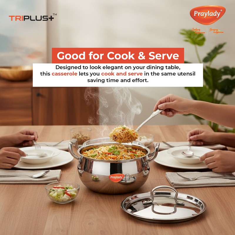 Praylady Triplus+ Pro Triply Belly Handi with Lid | Tri-Ply Stainless Steel Cook & Serve Casserole for Biryani, Rice & Curries | Induction & Gas Compatible | Even Heat Distribution | Sizes 16 cm, 18 cm, 20 cm