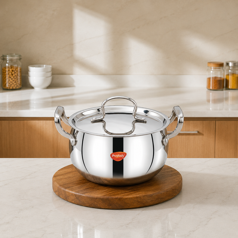 Praylady Triplus+ Pro Triply Belly Handi with Lid | Tri-Ply Stainless Steel Cook & Serve Casserole for Biryani, Rice & Curries | Induction & Gas Compatible | Even Heat Distribution | Sizes 16 cm, 18 cm, 20 cm