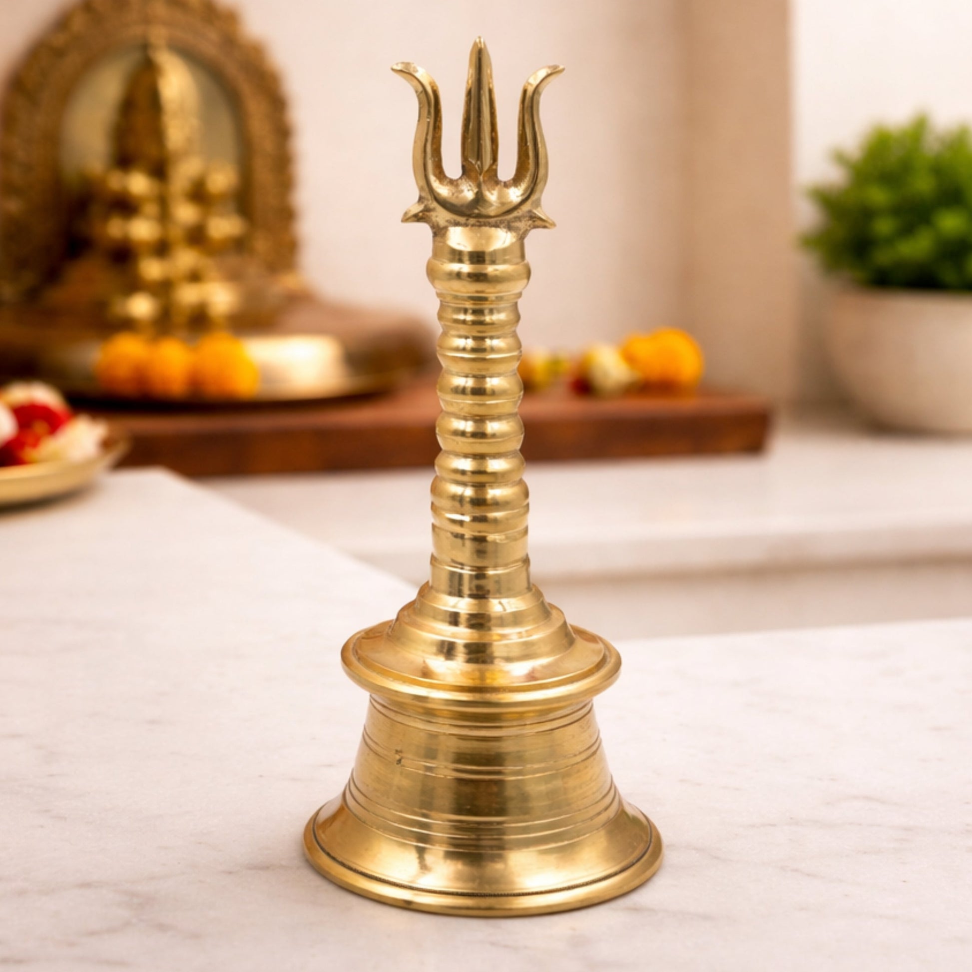 Brass Trishul Bell for Pooja, Shiva Mahadev Trishul Ghanti, Peetal Trident Temple Ghanta, Shankar Bholenath Mandir Aarti Bell, Handmade Hindu Prayer Bell for Home Temple Decor, Gold, 7.5 Inch, 1 Piece