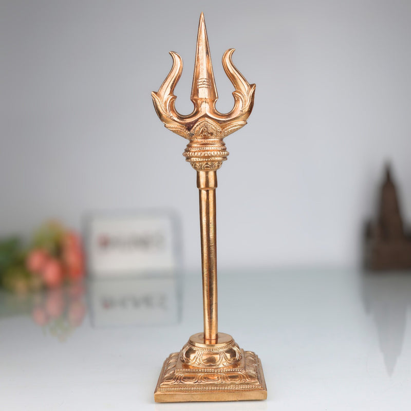 Bronze Handcrafted Trishul of Lord Shiva, Panchaloha Shiva Trident, Kanchu Trishul for Pooja, Vastu & Temple Decor, Gold, 12.5 Inch, 1 Piece