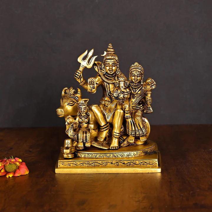 Brass Shiva Family On Nandi Idol (6 Inch)