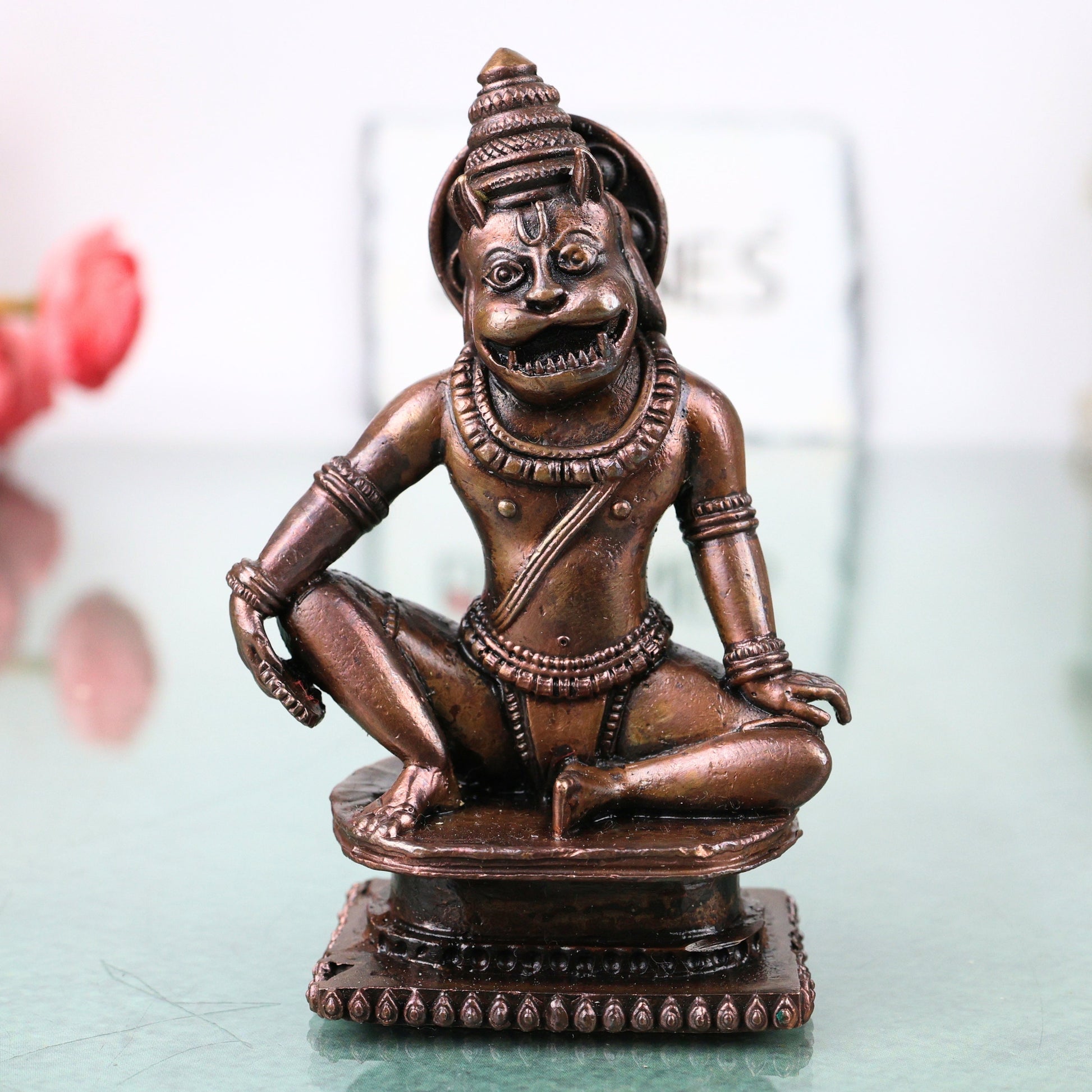 Copper Handcrafted Lakshmi Narasimha Idol, Ugra Narasimha Swamy Murti, Vishnu Avatar Narasimha Bhagwan Statue, Tamra Finish Narasimha Devaru Vigraham for Home Temple Puja & Spiritual Decor, Brown, 4 Inch, 1 Piece