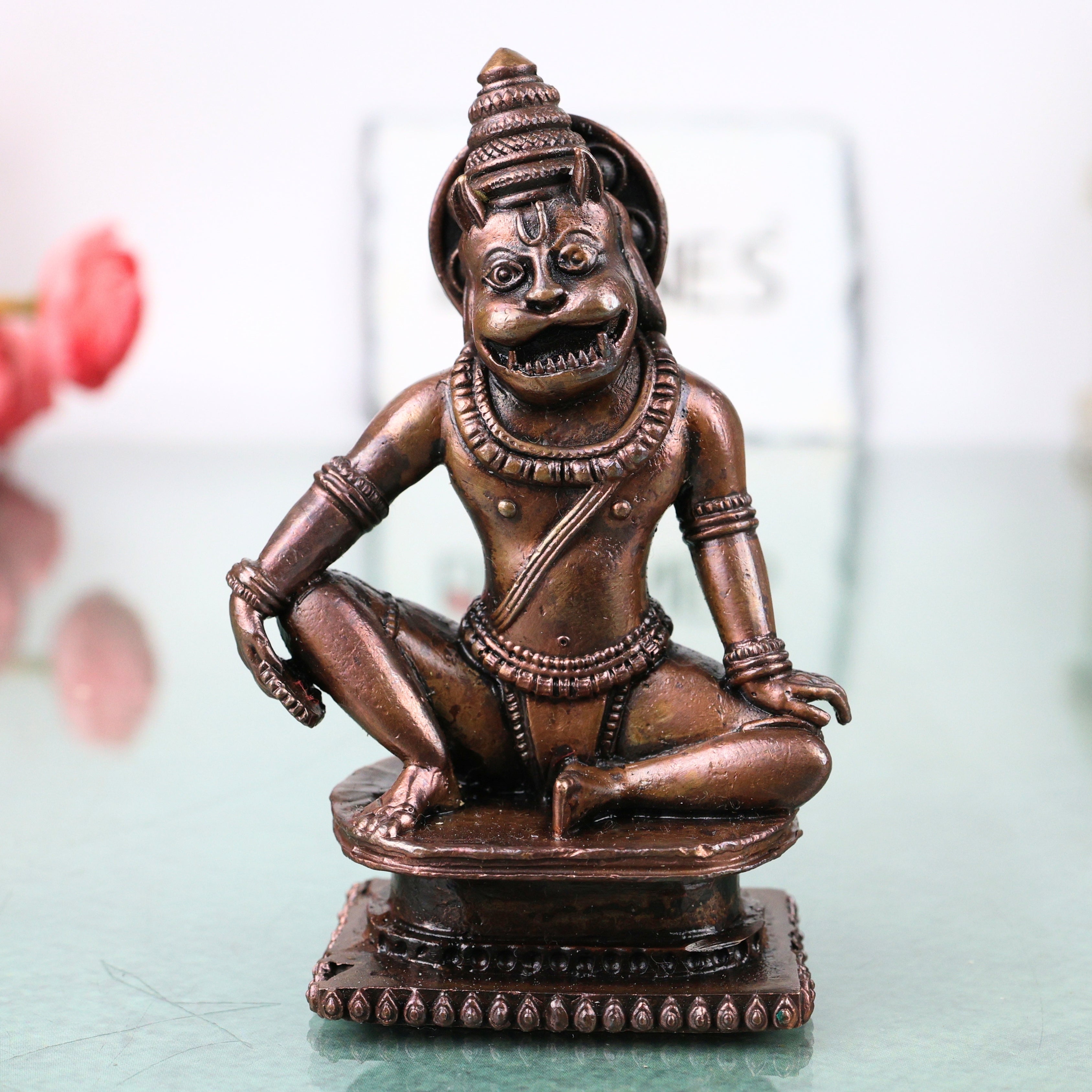 Copper Handcrafted Lakshmi Narasimha Idol, Ugra Narasimha Swamy Murti, Vishnu Avatar Narasimha Bhagwan Statue, Tamra Finish Narasimha Devaru Vigraham for Home Temple Puja & Spiritual Decor, Brown, 4 Inch, 1 Piece