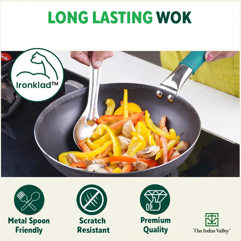 100% Pure Iron Wok with Steel Cool Touch Handle & Silicone Grip, Toxin-free Sheet Iron, Pre-seasoned, 2/3.5 L, 24.6/30.8 Cm, 1/1.4 Kg